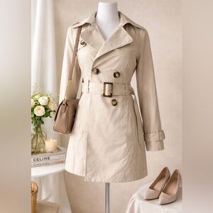 Benetton Beige Trench Coat Size PS | Belted Double Breasted Classic Tan Jacket